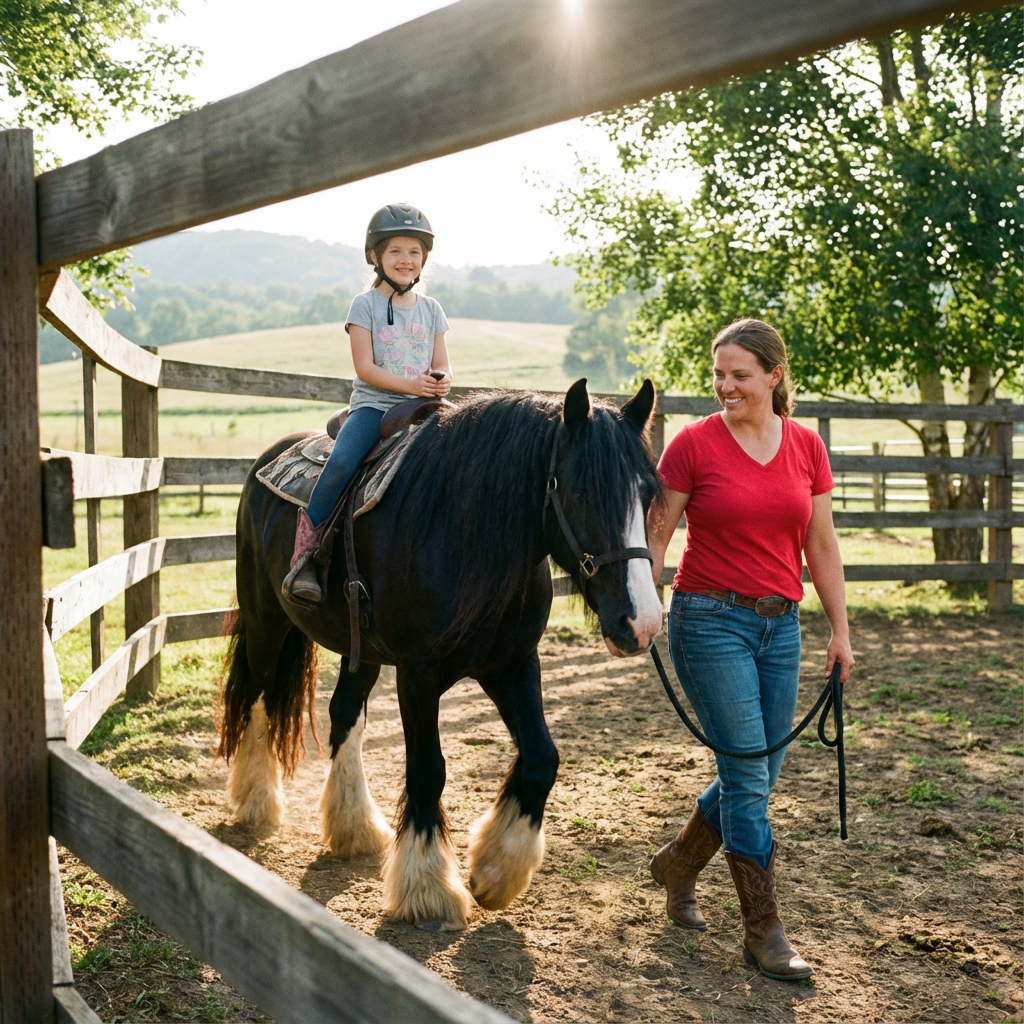 A young child wearing a helmet, light shirt, jeans, and pink boots smiles while riding a large black horse with white markings on its face and legs. An adult in a red shirt and jeans walks beside them, holding the horse’s lead rope and smiling. They are inside a fenced dirt arena surrounded by trees, with sunlight filtering through, creating a warm, scenic countryside backdrop.